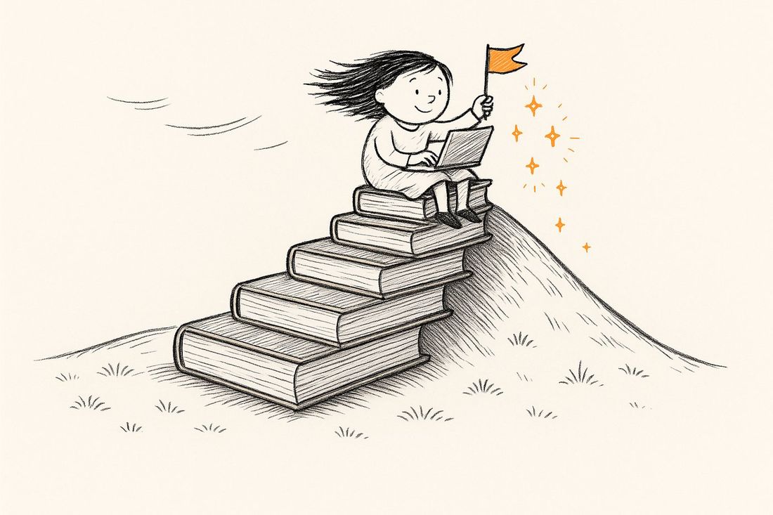 Ilustração: a menina sentada numa escada de livros no alto do morro, com o laptop no colo e uma bandeira laranja